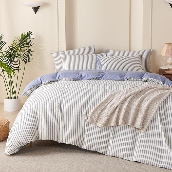 Striped Duvet Cover Queen Blue Washed Microfiber Jacquard 3 Pieces Bedding Set, White Blue Vertical Ticking Stripes Pattern Comforter Cover with Zipper Closure Breathable Durable Soft Comfy