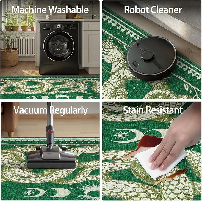 DCX Washable 5x7 Snake Rug, Green Gothic Rug for Living Room, Soft Low Pile Carpet, Kid & Pet Friendly with Rubber Back Non Slip, Stain Resistant Rug for Bedroom Dining Room Office