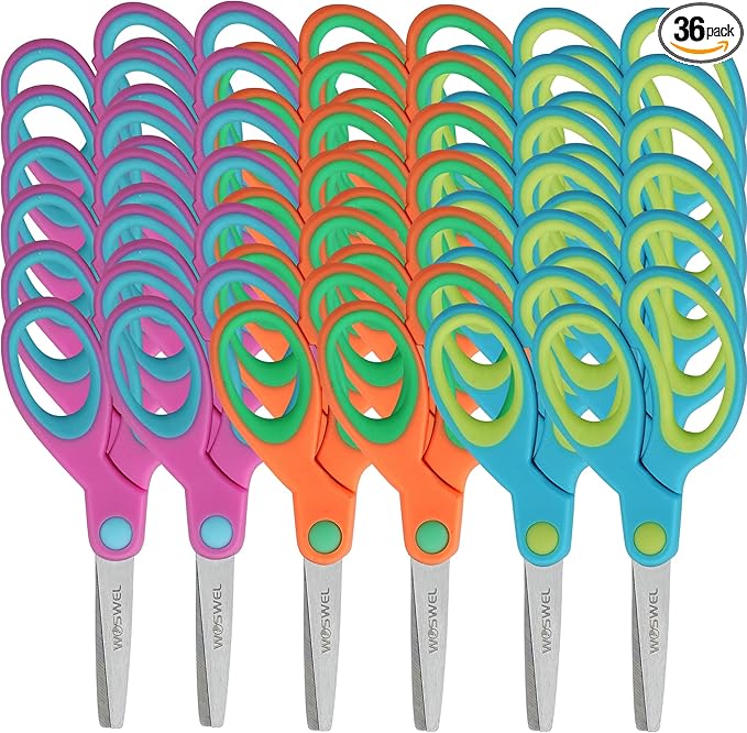 Kids Scissors Bulk, Woswel 36 Pack Safety Blunt Tip Student Scissors, 5 “ Student Scissors with Comfort Grip, Assorted Colors Children Craft Scissors for Cutting Paper Craft Art Supplies