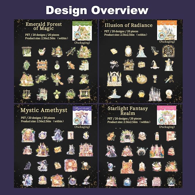 AuriicLeaf Magic-Themed PET Sticker Set, 80PCS Fantasy Adventure Stickers for Scrapbooking, Journaling, DIY Crafts, and Art Supplies