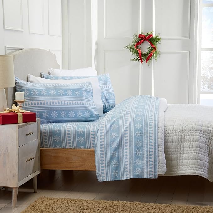 Market & Place 100% Cotton Full Flannel Sheet Set | 4 Piece Deep Pocket Novelty Cozy Winter Bed Sheets | Double Brushed for Extra Softness & Comfort | Alpine Collection (Full, Striped Snowflake)