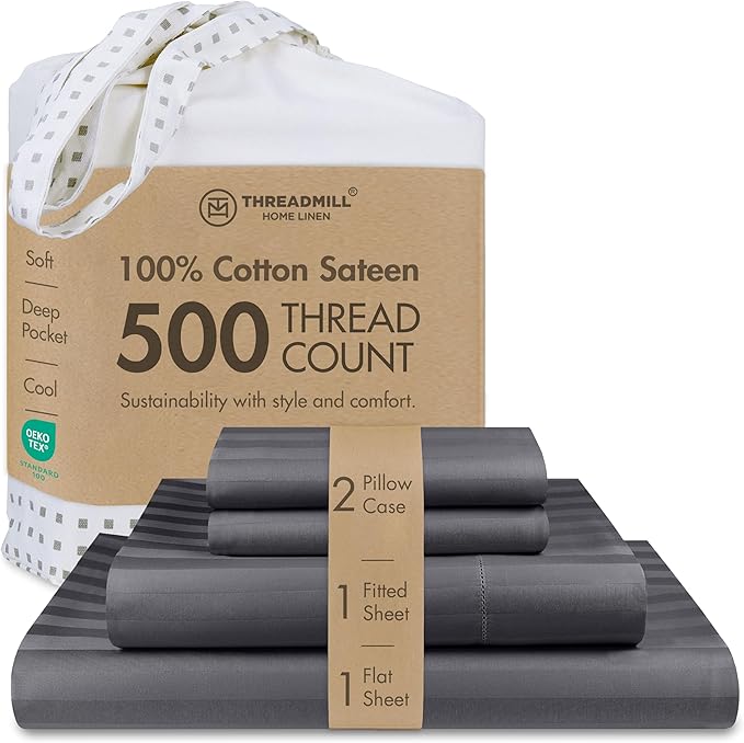 Threadmill 500 Thread Count King Size Damask Stripe, 4 Pc Luxury Cotton Sheet Set, Silky Soft & Breathable Dark Grey Sheets with 16" Elasticized Deep Pocket, 2 Pillowcases & Free Tote Bag