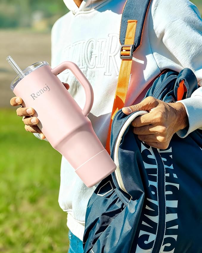 Renoj Tumbler with Handle 100% Spill Resistant Insulated Water Bottle for Iced Coffee & Hot Drinks - Fits Car Cup Holder, Ideal Gift, 2 Straws & Silicone Boot BPA-Free - FlexSlide Light Pink 32 oz