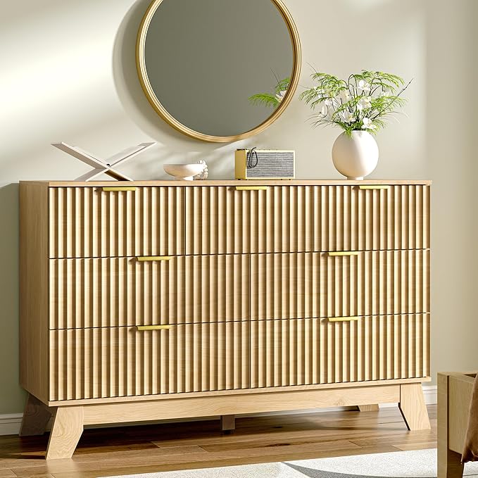 HUANLEGO Fluted Dresser for Bedroom with 7 Drawer, Mid Century Modern Chest of Drawers, 48" Wide Natural Wood Dresser for Closet, Wooden Boho Chest Closet Storage TV Stand for Bedroom, Nature