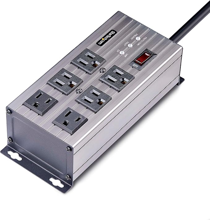 StarTech.com Flat Plug 6-Outlet Heavy Duty Industrial Power Strip 125V/15A with Surge Protector, EMI/RFI Isolation, Mountable PDU, 8ft/2.4m Extension Power Cord, NEMA 5-15P/R, TAA