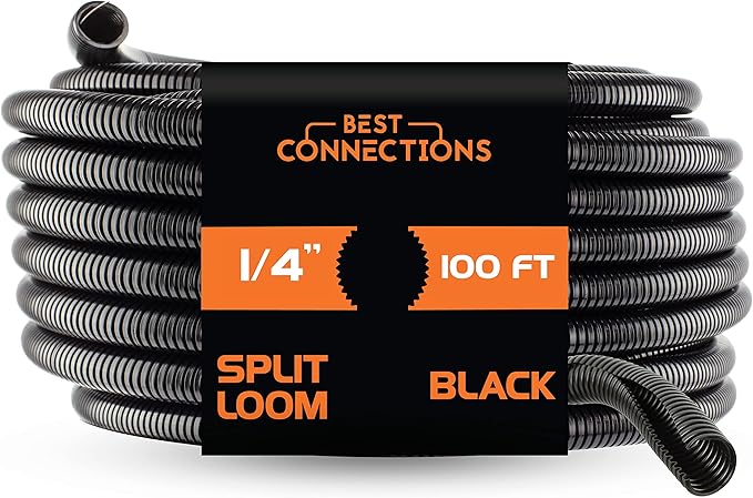BEST CONNECTIONS 100 Ft – 1/4" Diameter Split Wire Loom Flex-Guard Convoluted Tubing with 100 Pcs x 4" Nylon Cable Zip Ties – Protective Split Cable Sleeves/Conduit – Black