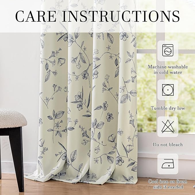 ChrisDowa Beige 100% Blackout Curtains 72 Inches Long 2 Panels for Bedroom Living Room Navy Blue Flower Patterned Room Darkening Thermal Insulated Soundproof Grommet Window Treatments Drapes,52X72