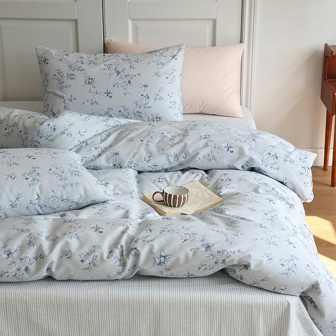 LifeTB Duvet Cover Set King 100% Cotton Vintage Blue Floral Duvet Cover Aesthetic Flower Comforter Cover with Zipper Closure Cottagecore Style Duvet Cover King with 2 Pillowcases for All Season