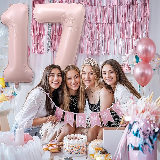 Pastel Pink 17 Balloon Number for Girls, 40'' Self Inflating Number 17 Balloons, Big Light Blush Pink Foil 1 & 7 Helium Balloon 17 for Women Boho Coquette 17th Birthday Party Anniversary Decorations