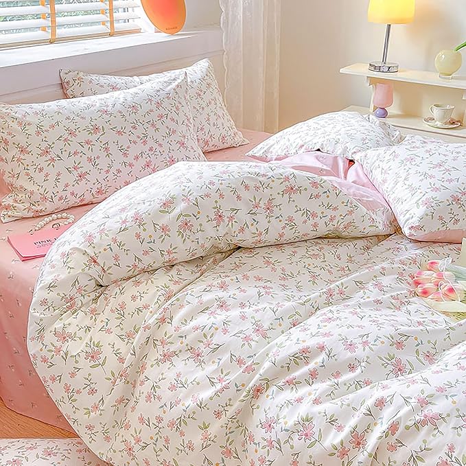 EAVD Girls Floral Duvet Cover Twin White Soft 100% Cotton Small Cute Floral Botanical Bedding Set with 2 Pillowcases Chic Shabby Vintage Garden Floral Botanical Duvet Cover with Zipper Closure