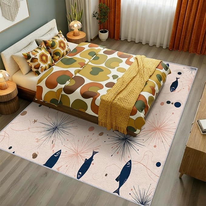 Mid Century Modern Rug Large 8x10 Starburst Atomic Fish Retro Pattern Area Rugs for Living Room, Bedroom, Mid Century Modern Home Decor Accessories Indoor Carpet, Non Slip & Machine Washable