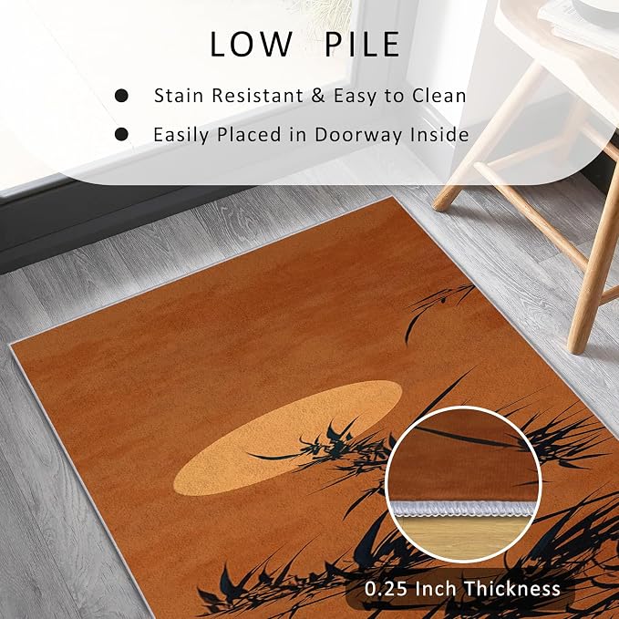 Oriental Bamboo Runner Rug 4x10, Full Moon Sunset Design, Asian Zen Nature Area Rug, Washable Non-Slip Floor Carpet Runner for Bedroom, Dining Room, Living Room Aisle