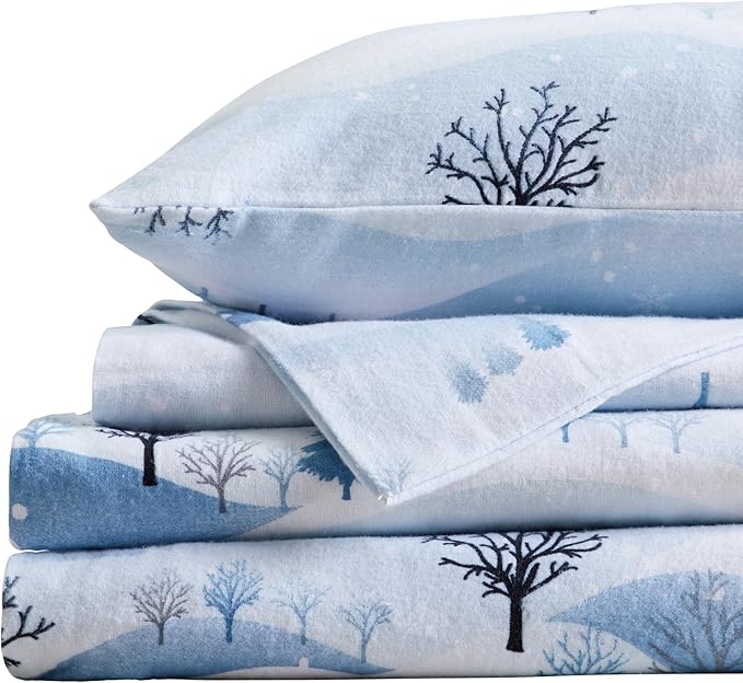 Market & Place 100% Cotton King Flannel Sheet Set | 4 Piece Deep Pocket Novelty Cozy Winter Bed Sheets | Double Brushed for Extra Softness & Comfort | Alpine Collection (King, Winter Landscape)