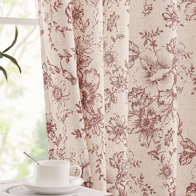 jinchan Lined Linen Blend Curtain Floral Curtains for Living Room 63 Inch Length Christmas Red Peony Flower Printed Curtain Rod Pocket Back Tab Farmhouse Patterned Drapes Curtains Set 2 Panels