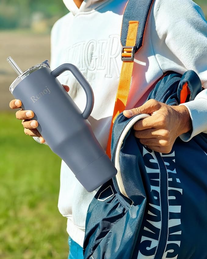 Renoj Tumbler with Handle 100% Leak Proof Insulated Water Bottle for Iced Coffee & Hot Drinks - Fits Car Cup Holder, Ideal Gift, 2 Straws & Silicone Boot BPA-Free - SnapShift Navy Blue 32 oz