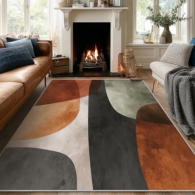 Mid Century Modern Rugs 7x9, Abstract Retro Art Washable 7 x 9 Area Rug for Living Room, Bedroom, Low Pile Non Slip Stain Resistant Carpet, Mid Century Home Decor Accessories & M935