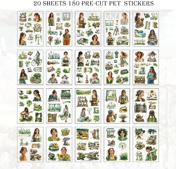 Auguro PET 20 Sheets 180 Pre-Cut Spring Journal Sticker Book for Scrapbooking People Landscape Stickers Transparent Sticker for journaling