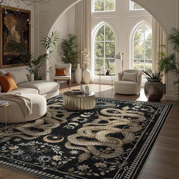 DCX Washable 4x6 Snake Rug, Black Gothic Rug for Living Room, Soft Low Pile Carpet, Kid & Pet Friendly with Rubber Back Non Slip, Stain Resistant Rug for Bedroom Dining Room Office