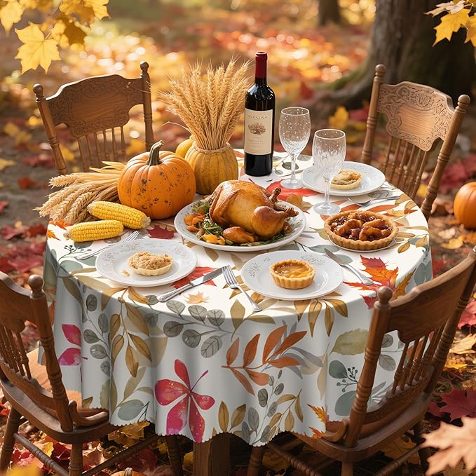 Eikione Fall 60Inch Round Tablecloth, Fall Maple Leaf Round Table Cloth, Waterproof, Wrinkle Free Polyester Table Cover for Autumn Picnics, Halloween Dining Decorations