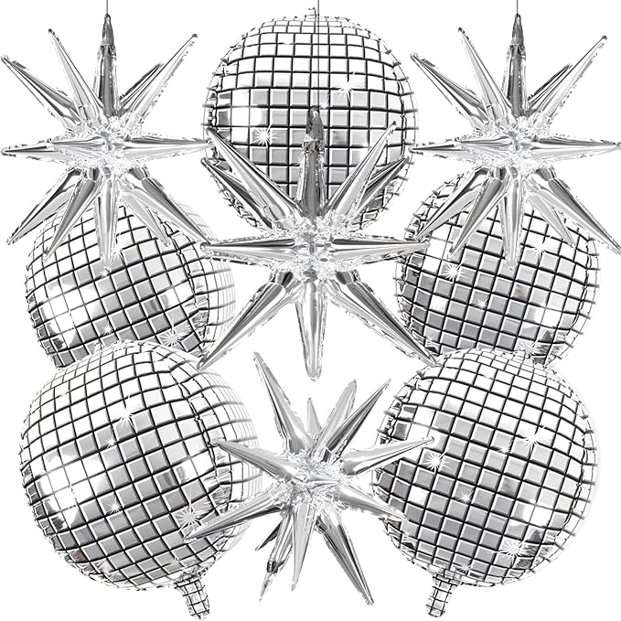 OuMuaMua Disco Ball Balloons for 70s Disco Party Decor, 22 Inch Large 4D Metallic Silver Disco Balloons with Stars Balloon for Themed Party, Birthday New Year Christmas Decor 9pcs
