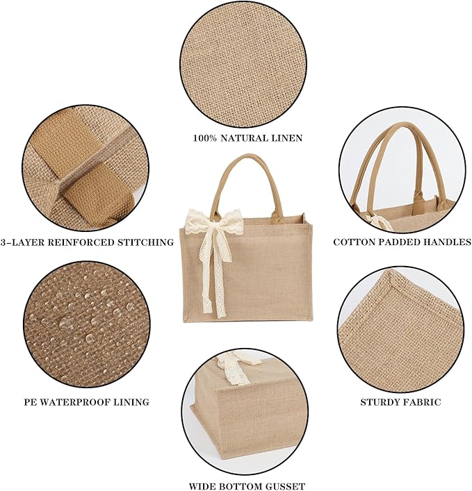 6pcs Burlap Tote Bag Set with Handles, Waterproof Reusable Blank Water Resistant Grocery Bags with Ribbon Large Jute Tote 15.35*6*12 Inch for Women Bridesmaid Gift Beach Shopping Wedding Travel DIY