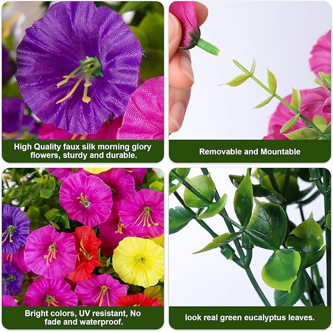 HyeFlora Artificial Flowers for Outdoors Fake Plants Outside Decoration, 12 Bundles Silk Colorful Morning Glory with Eucalyptus UV Resistant Realistic Faux Flowers for Planter Porch Patio Yard Garden
