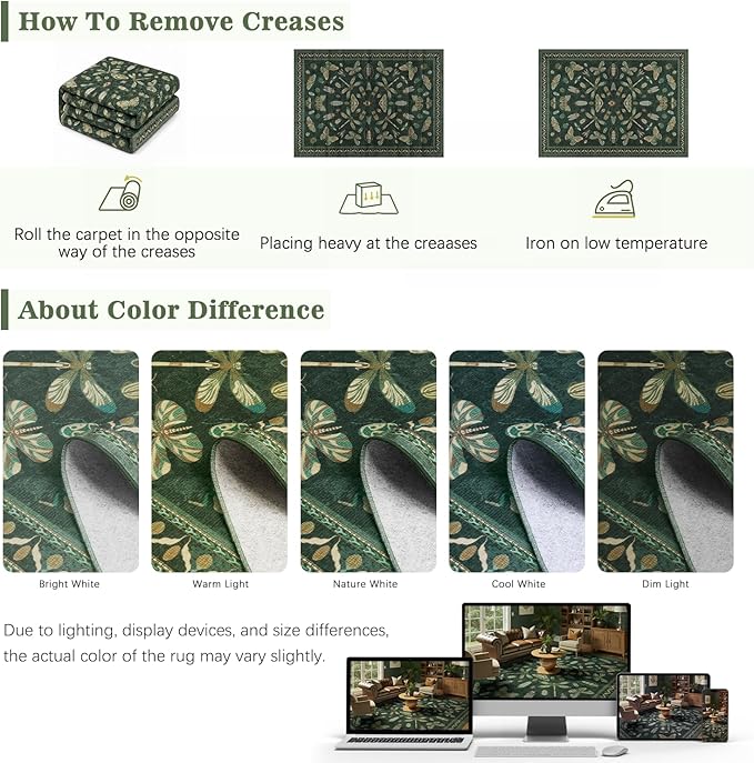 DCX 5x7 Washable Insect Rug, Vintage Gothic Dark Green Rug with Non-Slip Rubber Backing, Soft Low-Pile, Stain-Resistant, Kid & Pet Friendly, for Living Room, Bedroom, Office, and Nature-Themed Decor