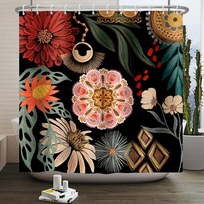 Black Boho Floral Shower Curtain Abstract Botanical Mid Century Modern Bathroom Decor Tropical Flower Shower Curtain with 12 Hooks,69x70 inches