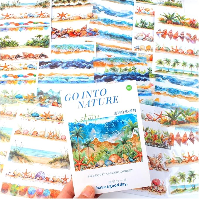 20 Sheets Seaside Landscape Pre-Cut Journaling Stickers Book for Junk Journaling, Scrapbooking, Collage, Planner, Album, Transparent PET and Washi Stickers for Adults