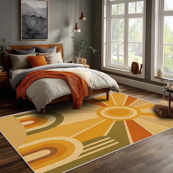 Golden Sunburst Area Rug 6x9, Mid Century Modern Retro Geometric Rug, 70s Style Abstract Washable Low Pile Non Slip Rug for Living Room Bedroom