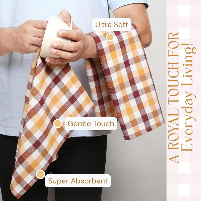 Multicolor Check Kitchen Towels 12 Pack, 100% Cotton Tea Towels, 18"x26" Quick Dry Dish Cloths for Drying Dishes, Reusable, Absorbent - Burgundy Wine, Brown, Mustard Yellow, Natural