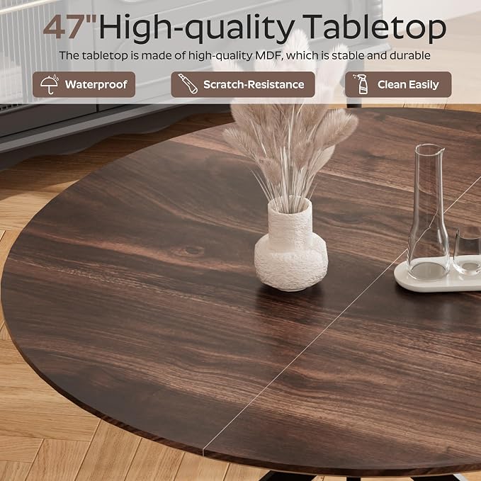 RGZ Mid Century Walnut Round Dining Table Set for 4, 47" Large Wooden Circle Kitchen Table & 4 Light Gray PU Leather Kitchen Chairs, Dinner Table Set for Home, Apartment, Dining Room