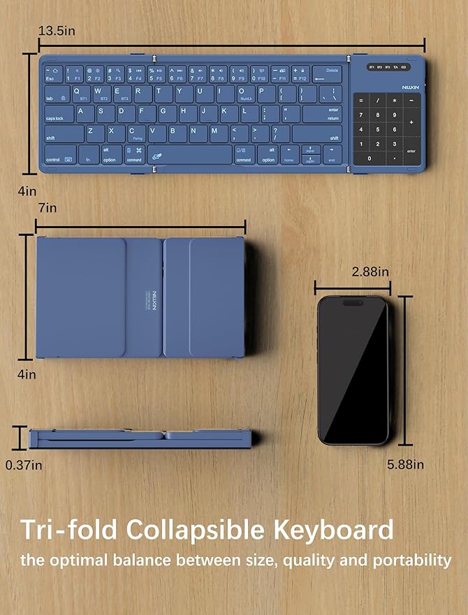Nillkin Upgraded Foldable Bluetooth Keyboard with Touchpad & Number Pad, Portable Wireless Keyboard for Travel, Pocket-Sized, Full Size Keys, Support 3 Devices for iPad Laptop Tablets Phone, Blue