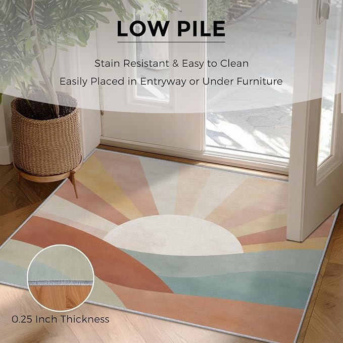 5x7 Boho Sun Rugs for Bedroom Decor, Washable Retro Sunrise Pattern Area Rug, Living Room Home Decoration, Non Slip Soft Thin, Mid Century Modern Decor Carpet PF-P 117