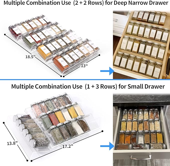 MIUKAA Clear Acrylic Spice Drawer Organizer, 4 Tier Seasoning Jars Drawers Insert, Kitchen Spice Rack Tray for Drawer/Countertop (Jars not included)