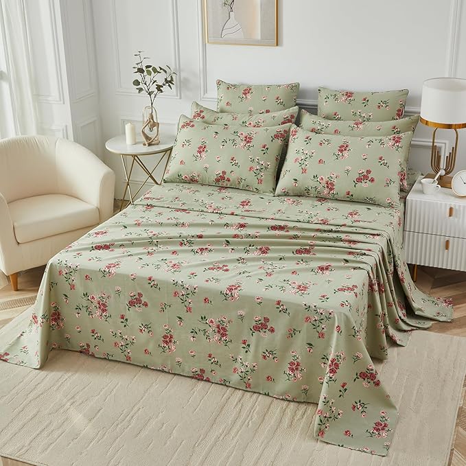 FADFAY Full Size Sheet Set 100% Cotton Sage Green Bed Sheets, French Country Red Rose Floral Pattern, Soft Cool Luxury Bedding, Shabby Vintage Style, 4 Pieces Deep Pocket Fitted Sheet