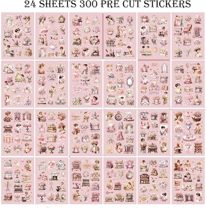 Auguro Vintage Ephemera Sticker 24 Sheets precut 300 washi Stickers Paper People Journal Stickers for Adults Junk journaling Sticker Book Scrapbooking Supplies