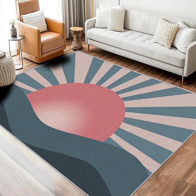 Boho Sun Rugs 4x5, Mid Century Modern Abstract Washable 4 x 5 Area Rug for Living Room, Bedroom, Low Pile Non Slip Stain Resistant Carpet, Mid Century Home Decor Accessories & M863