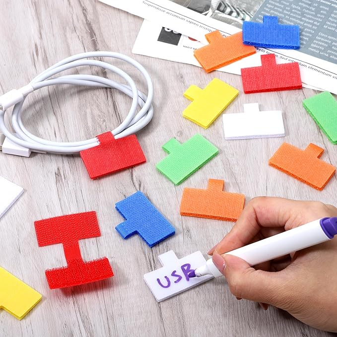 24Pcs Cable Lables, Multi Color Durable Cable Lables Large Size for Organizing Wires and Identification Write On Cord Label Tags for Electronics Self-Adhesive Nylon Label Waterproof Reusable