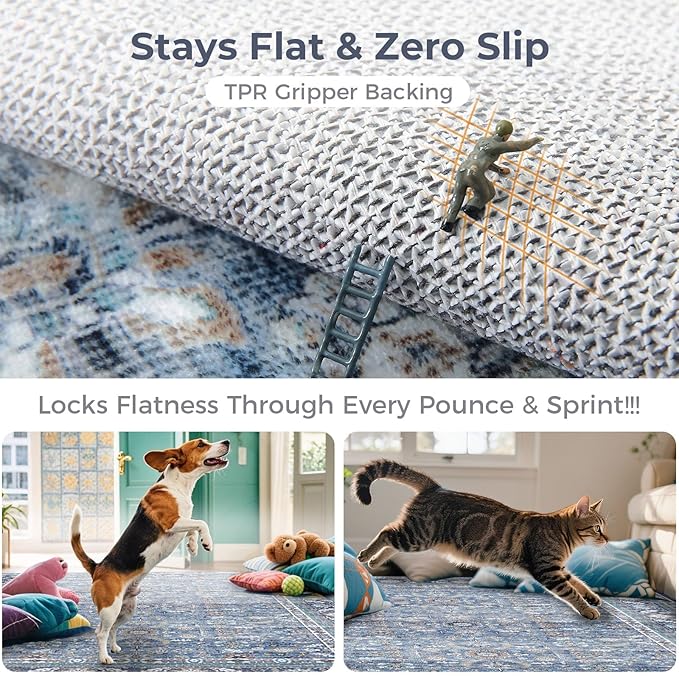 OPPODREAM Vintage Blue Area Rugs 5x7, 5 x 7 Retro Washable Rug Non Slip, Low-Pile Faux Wool Carpet, Distressed Navy Floor Mat for Living Room, Bedroom, Kitchen, Office, Dorm, Dinning Room
