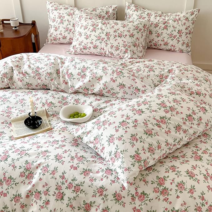HighBuy Pink Floral Comforter Set Queen Vintage Floral Comforter Sets with Pink Botanical Soft Cozy Queen Bedding Comforter Set with 2 Pillowcases,Cute Floral Bed Comforter Sets for All Season