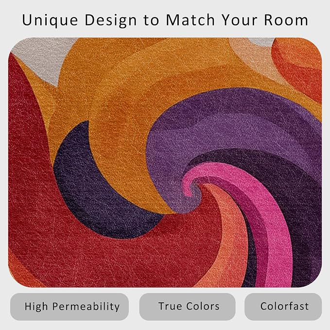 70s Rug Square 8x8 Retro Funky Hippie Psychedelic Swirl Pattern Area Rugs for Living Room, Bedroom, 70s Home Decor Accessories Indoor Carpet, Non Slip & Machine Washable, GD0402