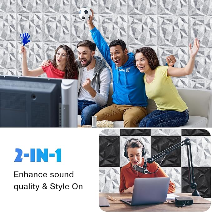 Acoustic 3D Wall Panels,24 Pack Sound Proof Felt Panels for Interior Wall Décor, Hollow Sound Absorbing Panel for Studio, Living Room, Home, Hotel, 12''x12'' Cover 24 sq ft (Light Grey, 24 Pack)