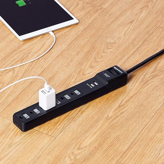 Amazon Basics Surge Protector Power Strip with 6 Outlets,2 USB Ports,1000 Joule,6-Foot Cord Length,Black,(Pack of 6)