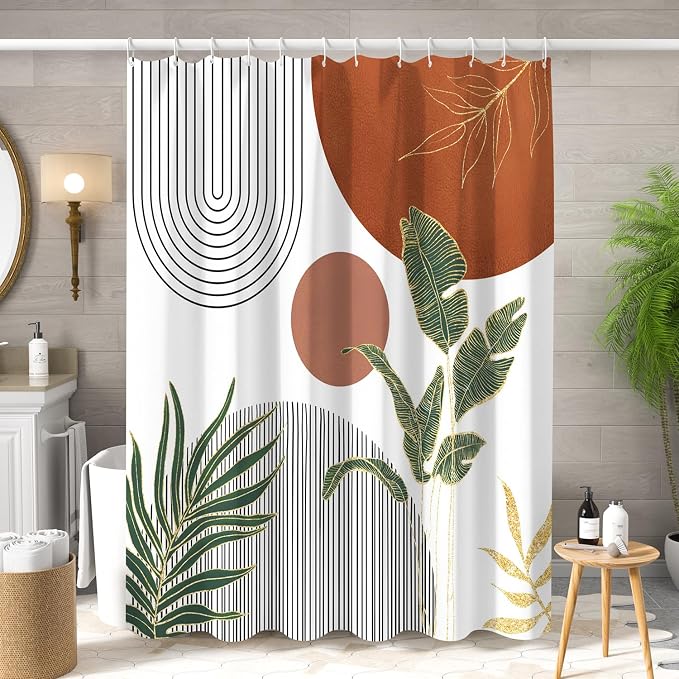 Mid Century Boho Shower Curtain, Abstract Modern Sun Minimalist Aesthetic Shower Curtain, Bohemian Geometric Arch Curve Leaves Neutral Art Fabric Bathroom Curtains Orange 60x72 inch