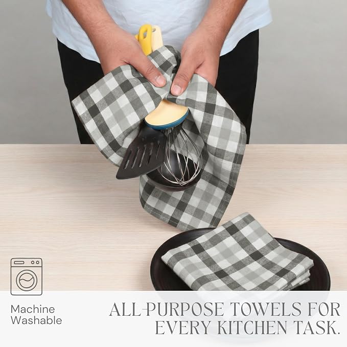Multi Check Tea Towels 12 Pack Combo, 18"x26", Dish Towels for Kitchen Drying, Reusable Rags, Absorbent, Washable Cloths, Cleaning Towels for Dishes - Rust, Tan, Grey, Burgundy, Brown