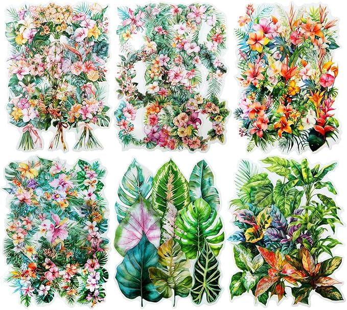 AuriicLeaf Tropical Botanical PET Sticker Set, 120Pcs Floral and Leaf Stickers for Scrapbooking, Journaling, Junk Journal Supplies, and DIY Crafts