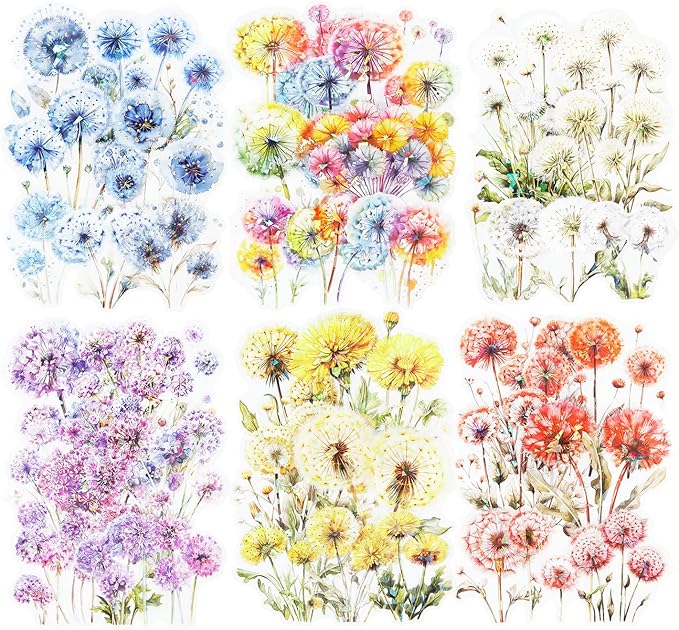 AuriicLeaf Dandelion Floral PET Stickers Set, 60PCS Holographic Botanical Flower Stickers for Scrapbooking, Journaling, DIY Crafts, and Art Supplies