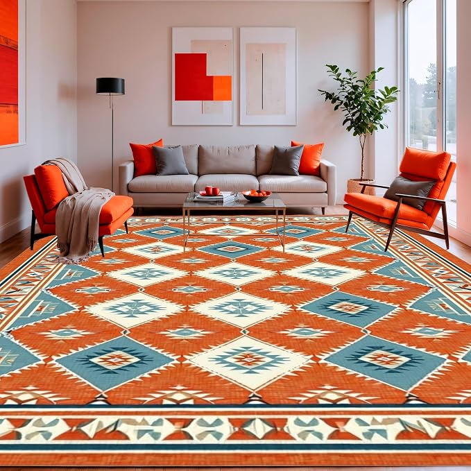 Flatwoven High Traffic Area Rug 6x9, Timeless Southwestern for Eclectic, Non Slip, Stain Resistant, Washable Area Rugs for Living Room, Bedroom (Orange, 6x9)