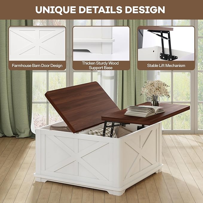 Airynee Farmhouse Coffee Table, 31.5" Lift Top Coffee Table with Storage, Square Coffee Tables for Living Room, Wooden Coffee Tables with Brown Flip-Top Lids for Home Office, White